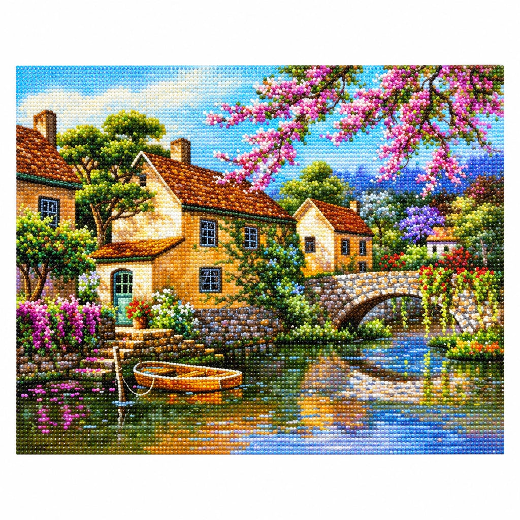 Riverside Village Bridge Diamond Painting Kit finished landscape diamond painting product