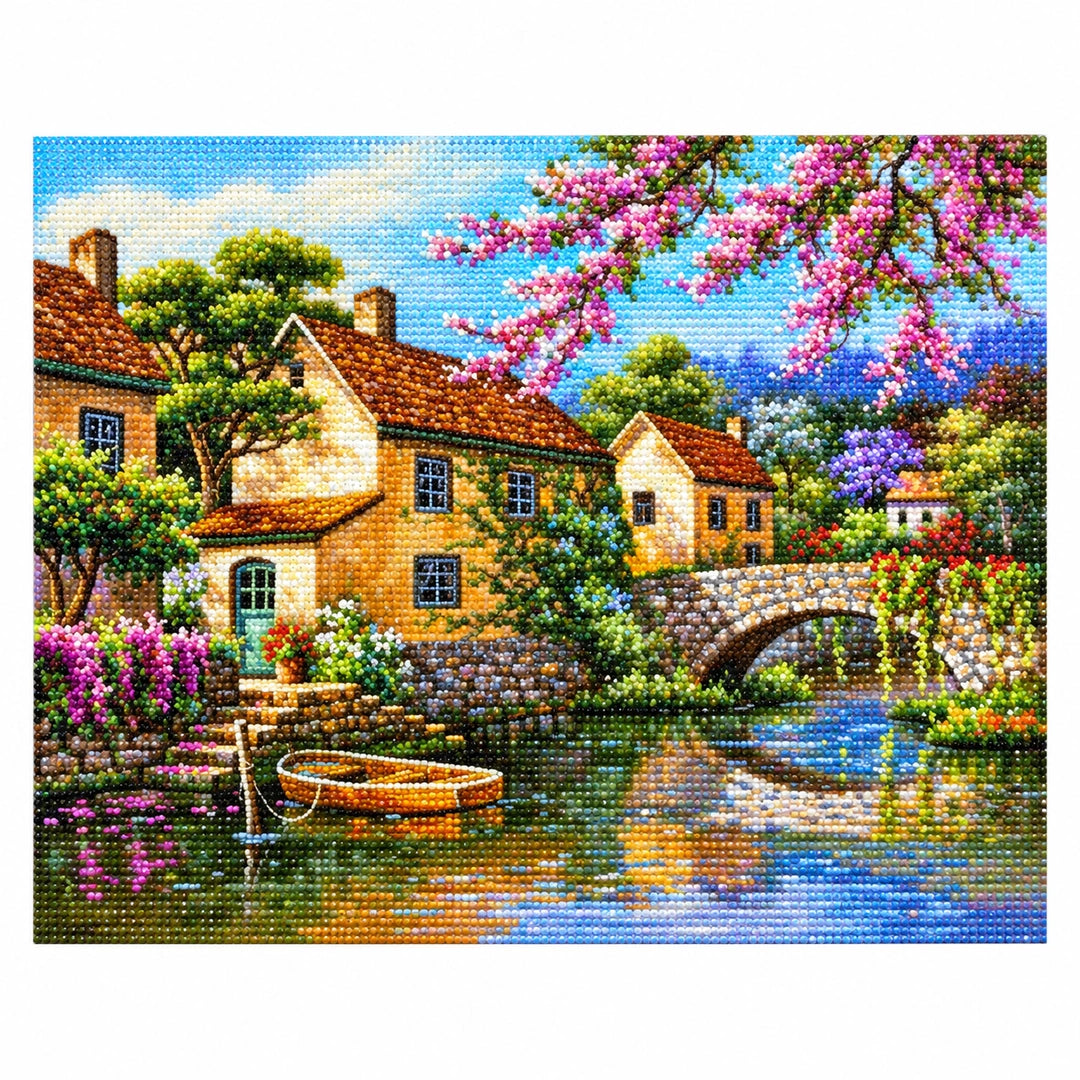 Riverside Village Bridge Diamond Painting Kit finished landscape diamond painting product