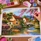 Riverside Village Bridge Diamond Painting Kit diamond painting process
