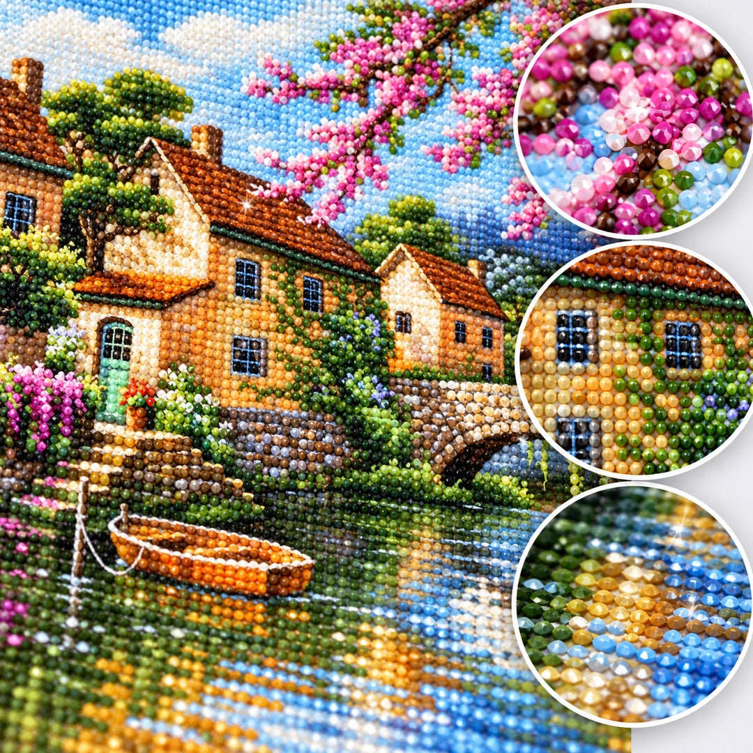 Riverside Village Bridge Diamond Painting Kit diamond painting drills and canvas detail