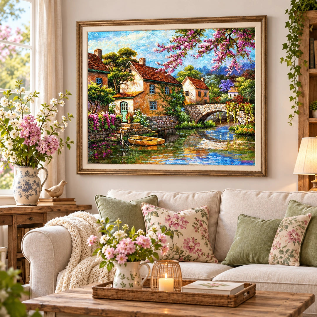 Riverside Village Bridge Diamond Painting Kit diamond painting home decor scene
