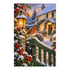 A robin perched on a snowy gate beside a glowing lantern and winter cottage