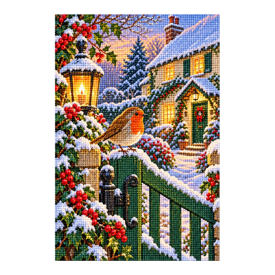 Finished diamond painting of a robin at a snowy gate with a glowing lantern