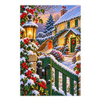 Finished diamond painting of a robin at a snowy gate with a glowing lantern