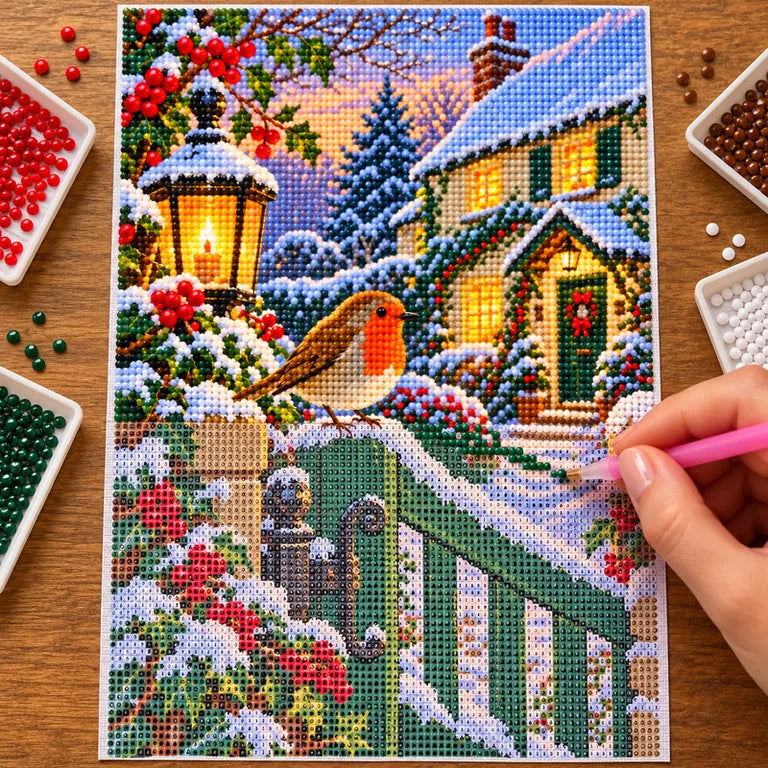 Hands placing drills on the robin winter gate diamond painting