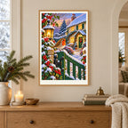 Framed robin winter gate diamond painting displayed in a cozy home