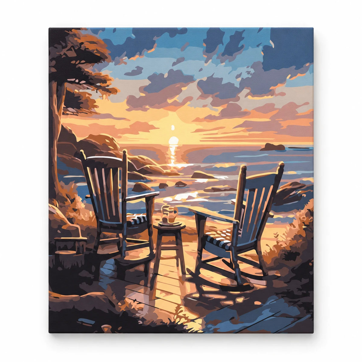 Rocking Chairs at Sunset Beach paint by numbers artwork on a front-facing canvas against a white background