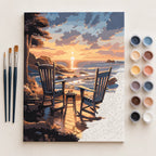 Complete Rocking Chairs at Sunset Beach numbered canvas being painted with acrylic paints and brushes