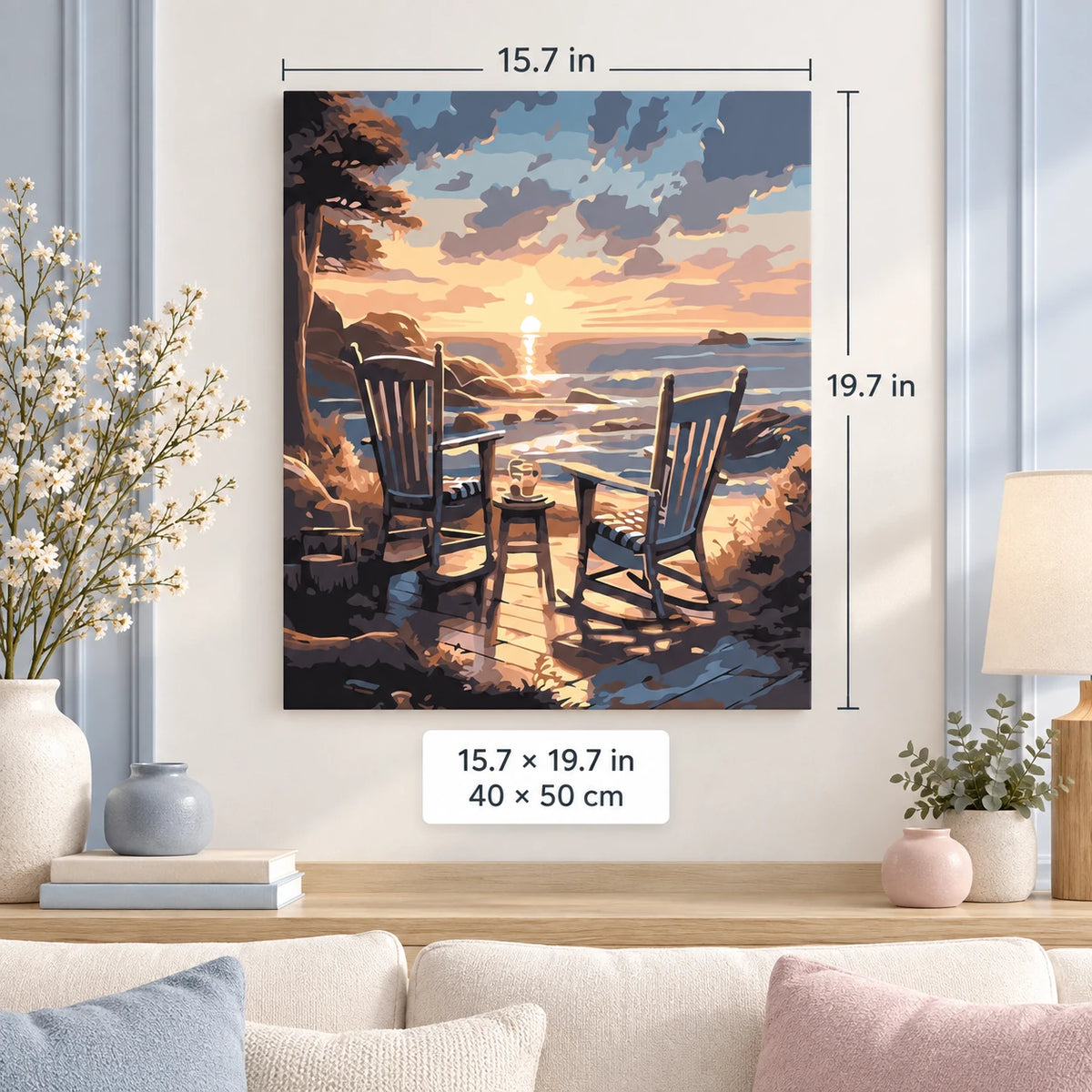 Rocking Chairs at Sunset Beach shown in a styled room with 15.7 × 19.7 in and 40 × 50 cm dimensions