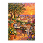 Finished white-background diamond painting of a rooftop garden at sunset