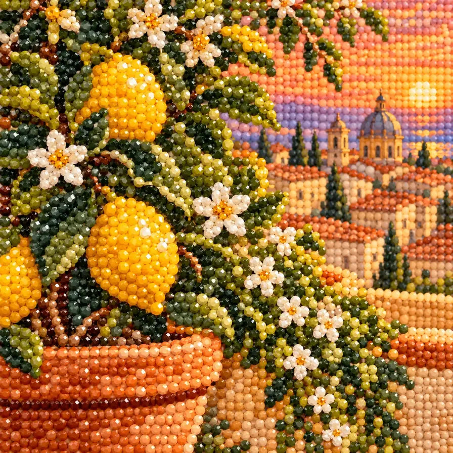 Close-up of diamond drills on rooftop flowers and potted citrus