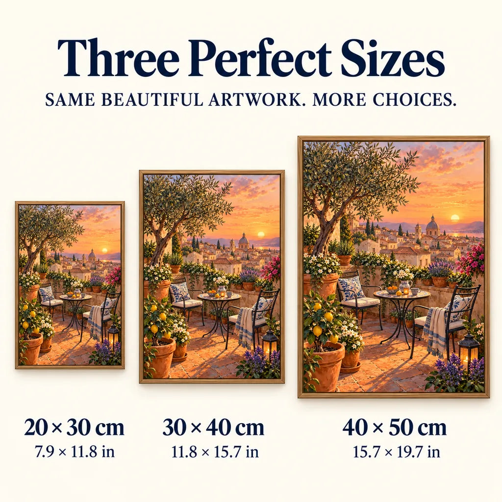 Rooftop garden at sunset diamond painting shown in 20 by 30, 30 by 40, and 40 by 50 centimeter sizes