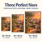 Rooftop garden at sunset diamond painting shown in 20 by 30, 30 by 40, and 40 by 50 centimeter sizes