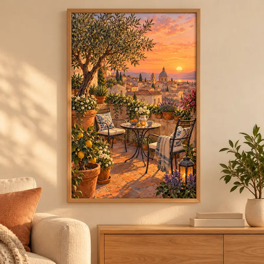 Rooftop garden sunset diamond painting displayed in a home interior