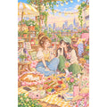 White-background original artwork of two friends sharing a rooftop picnic beneath string lights above the city for a diamond painting kit