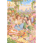 White-background original artwork of two friends sharing a rooftop picnic beneath string lights above the city for a diamond painting kit