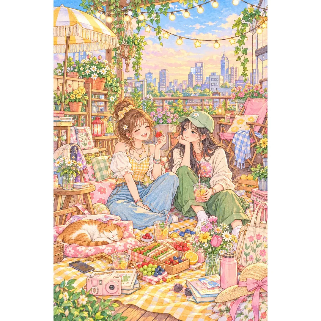 White-background original artwork of two friends sharing a rooftop picnic beneath string lights above the city for a diamond painting kit