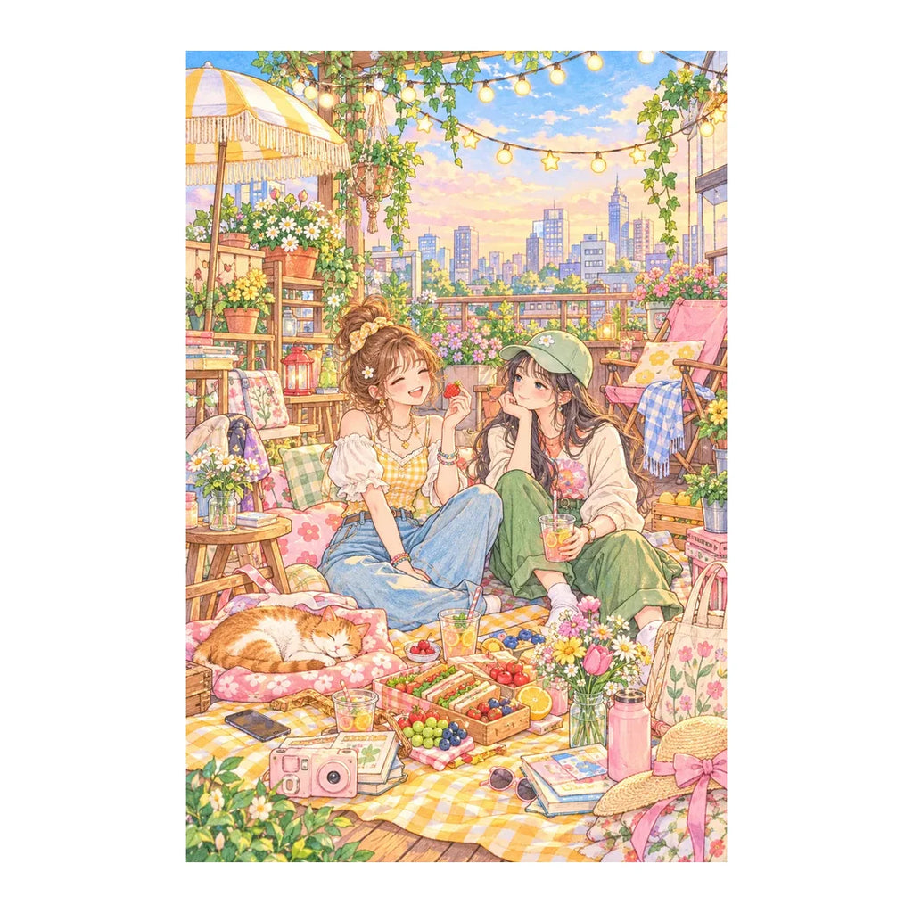 White-background original artwork of two friends sharing a rooftop picnic beneath string lights above the city for a diamond painting kit