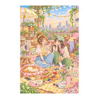 White-background original artwork of two friends sharing a rooftop picnic beneath string lights above the city for a diamond painting kit