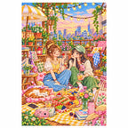White-background finished diamond painting of two friends sharing a rooftop picnic beneath string lights above the city with sparkling drills