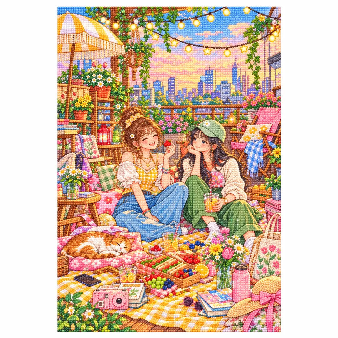 White-background finished diamond painting of two friends sharing a rooftop picnic beneath string lights above the city with sparkling drills