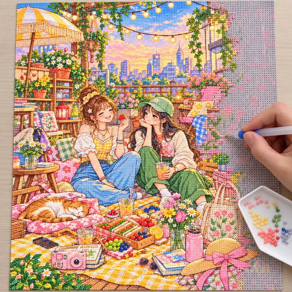 Diamond painting process showing two friends sharing a rooftop picnic beneath string lights above the city being completed with a stylus