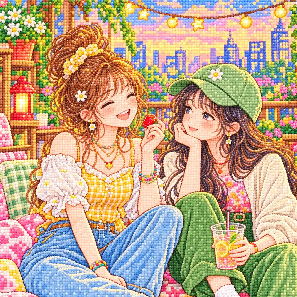 Close-up diamond drill detail of two friends sharing a rooftop picnic beneath string lights above the city artwork