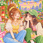 Close-up diamond drill detail of two friends sharing a rooftop picnic beneath string lights above the city artwork