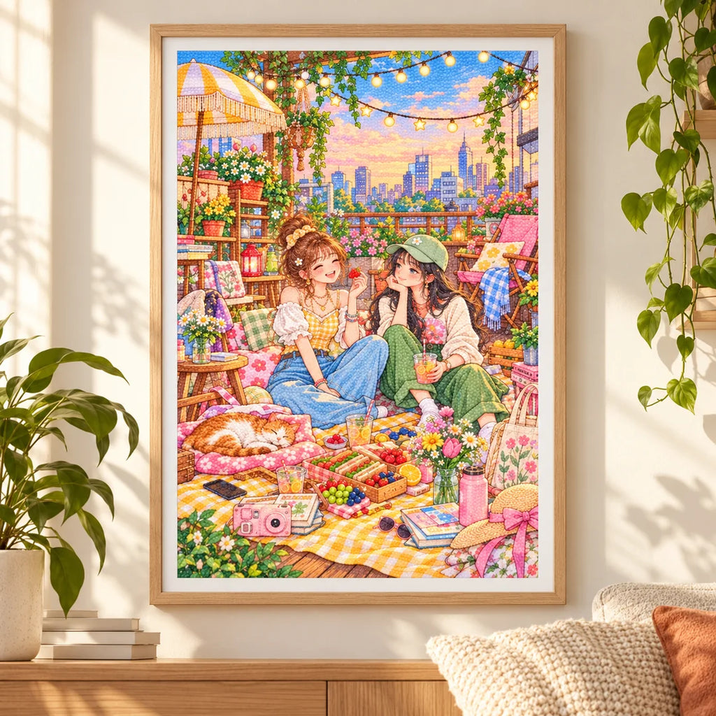 Framed two friends sharing a rooftop picnic beneath string lights above the city diamond painting displayed as home decor