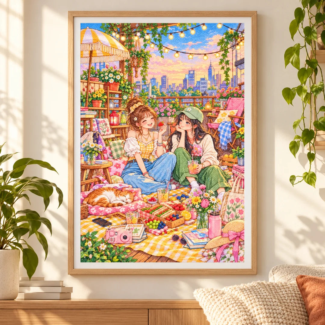 Framed two friends sharing a rooftop picnic beneath string lights above the city diamond painting displayed as home decor