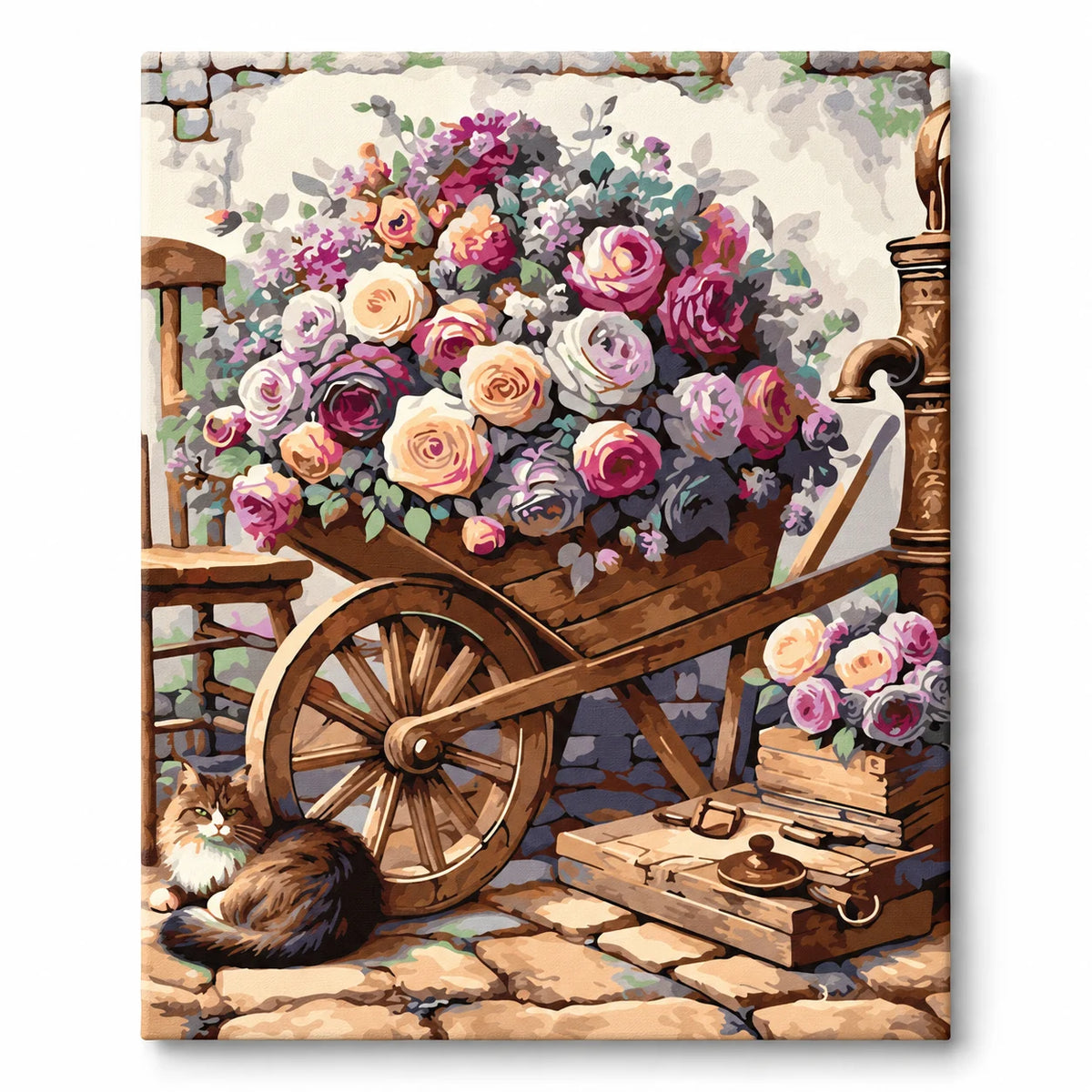 Rose Cart with Sleeping Cat paint by numbers artwork on a front-facing canvas against a white background