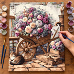 Complete Rose Cart with Sleeping Cat numbered canvas being painted with acrylic paints and brushes