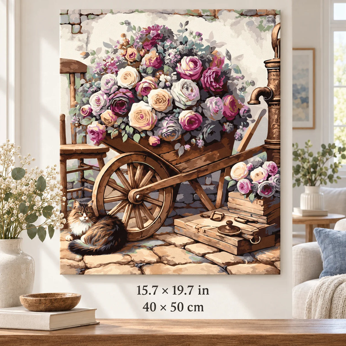 Rose Cart with Sleeping Cat shown in a styled room with 15.7 × 19.7 in and 40 × 50 cm dimensions