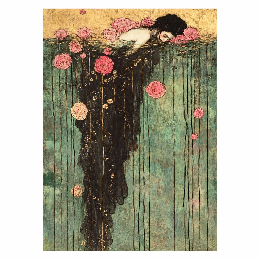 Original artwork showing a woman in a flowing rose-draped gown among water lilies.