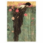 Original artwork showing a woman in a flowing rose-draped gown among water lilies.