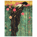 Finished diamond painting showing a woman in a flowing rose-draped gown among water lilies.