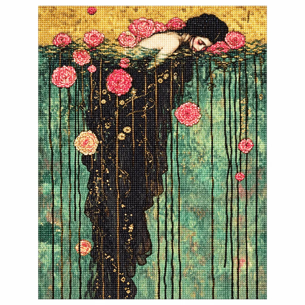 Finished diamond painting showing a woman in a flowing rose-draped gown among water lilies.