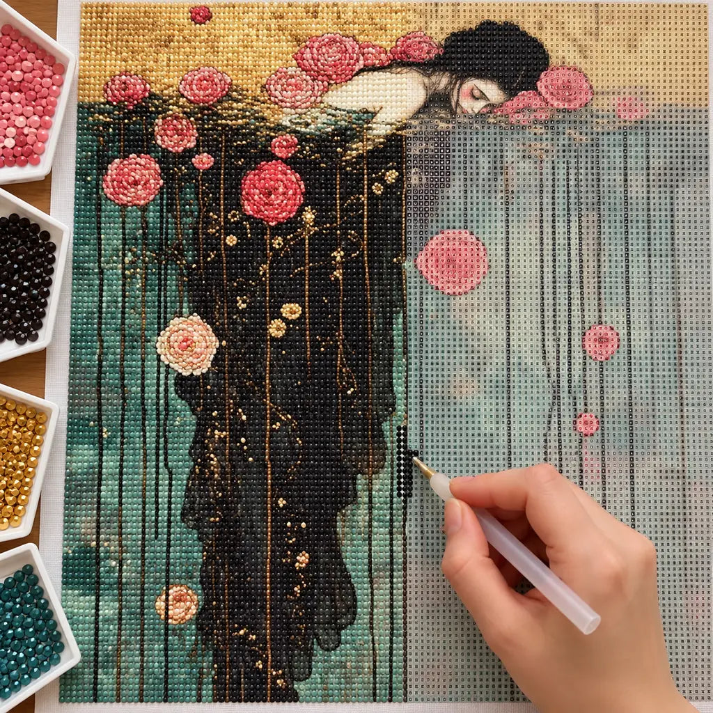 Hands applying drills to a canvas with a woman in a flowing rose-draped gown among water lilies.