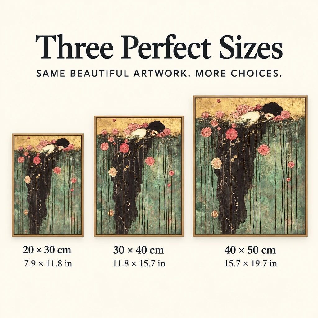 Size guide for Rose-Draped Figure in Water Diamond Painting Kit: 20 × 30 cm, 30 × 40 cm, and 40 × 50 cm.
