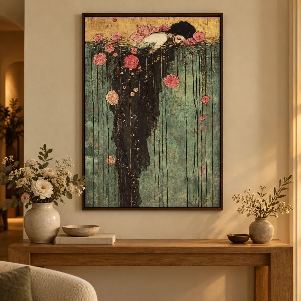 Framed home decor scene featuring a diamond painting of a woman in a flowing rose-draped gown among water lilies displayed on a wall.