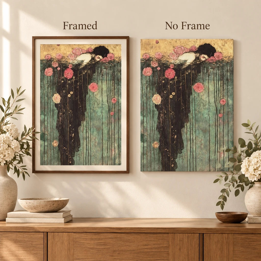 Framed and no-frame comparison for Rose-Draped Figure in Water Diamond Painting Kit.