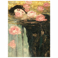 Original artwork showing a woman's face resting among floating roses in dark water.
