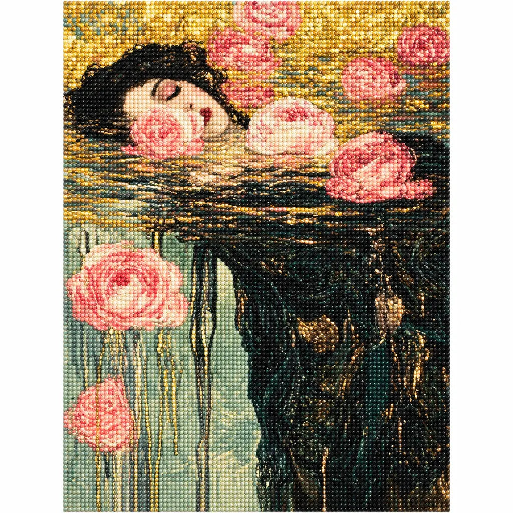 Finished diamond painting showing a woman's face resting among floating roses in dark water.