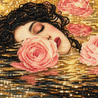 Close-up of diamond drills on artwork of a woman's face resting among floating roses in dark water.