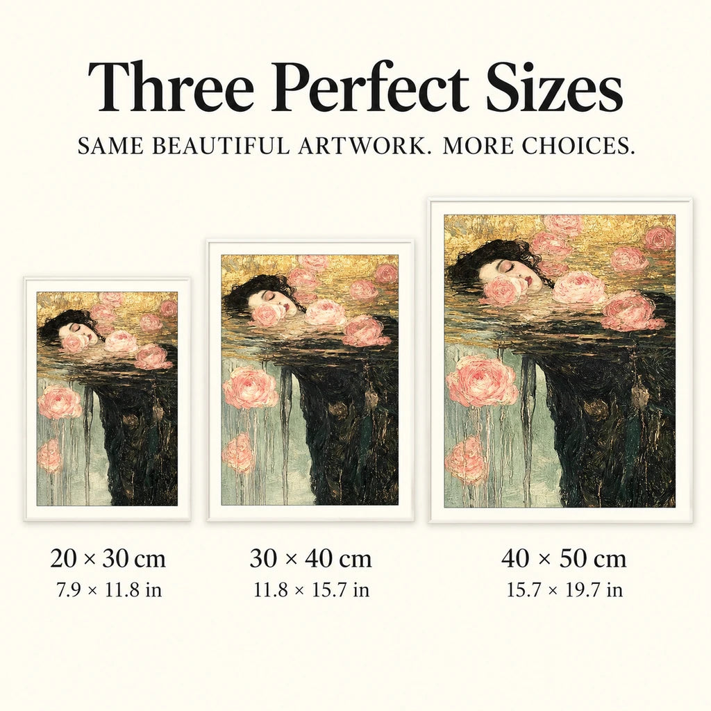 Size guide for Rose Face Floating Among Roses Diamond Painting Kit: 20 × 30 cm, 30 × 40 cm, and 40 × 50 cm.