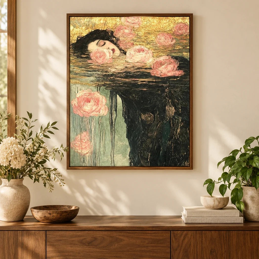 Framed home decor scene featuring a diamond painting of a woman's face resting among floating roses in dark water displayed on a wall.