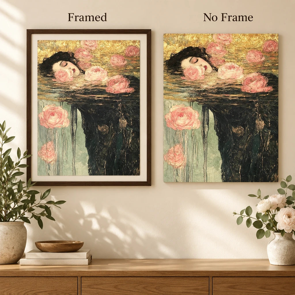 Framed and no-frame comparison for Rose Face Floating Among Roses Diamond Painting Kit.