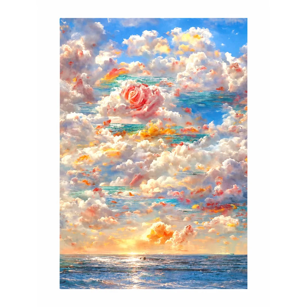 Pink Rose Floating Among Clouds and Ocean: original