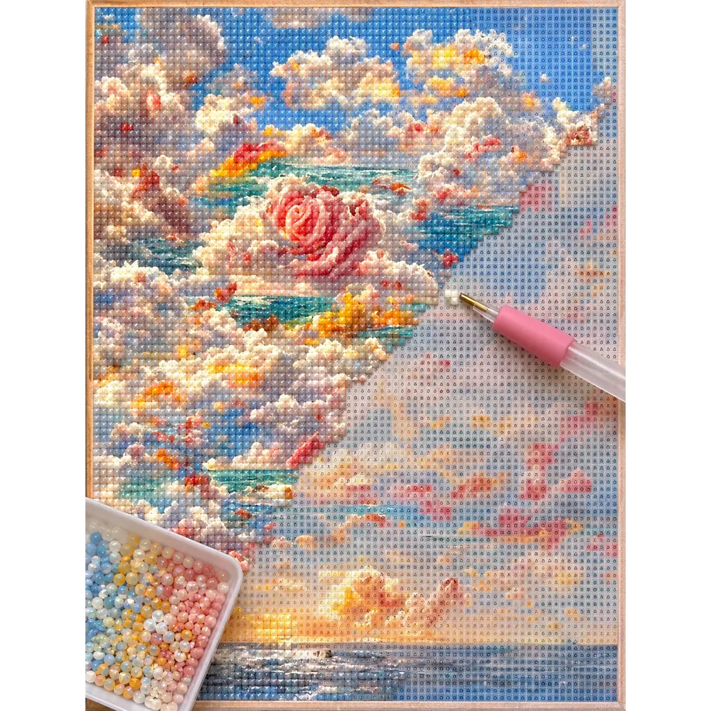Pink Rose Floating Among Clouds and Ocean: process