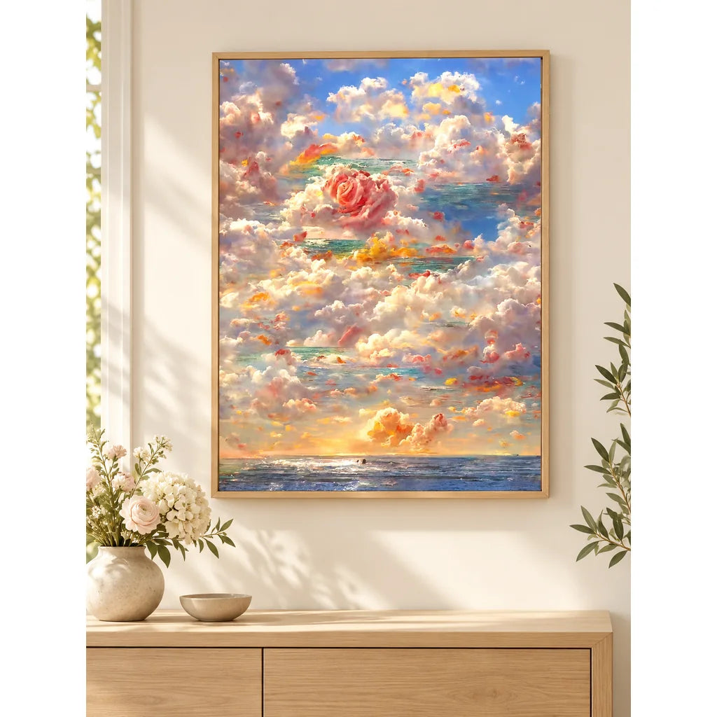 Pink Rose Floating Among Clouds and Ocean: scene